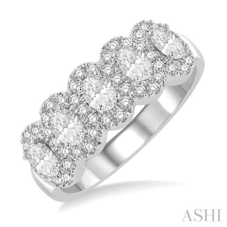 1 Ctw Oval Shape 5 Stone Oval & Round Cut Diamond Halo Wedding Band in 14K White Gold