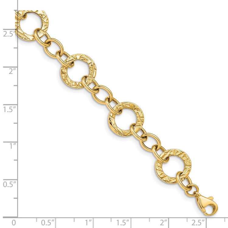 14k Polished and Textured 12mm Fancy Circle Link 7.25 inch Bracelet