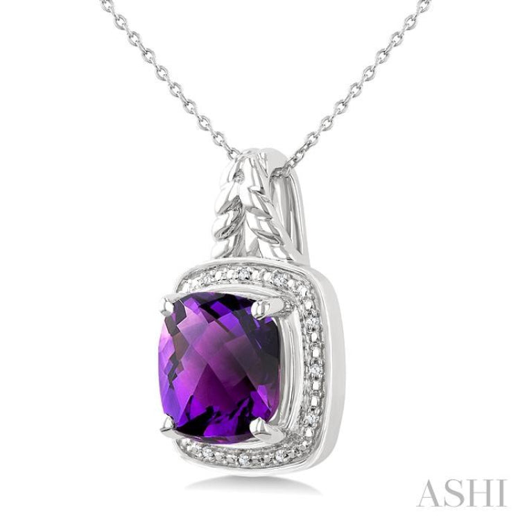 10 MM Cushion Shape Amethyst and 1/20 Ctw Single Cut Diamond Semi-precious Pendant With Chain in Sterling Silver