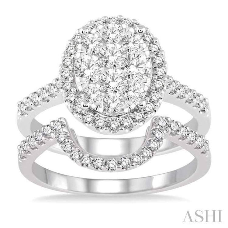 1 1/4 Ctw Oval Shape Diamond Lovebright Wedding Set with 1 Ctw Engagement Ring and 1/4 Ctw Wedding Band in 14K White Gold