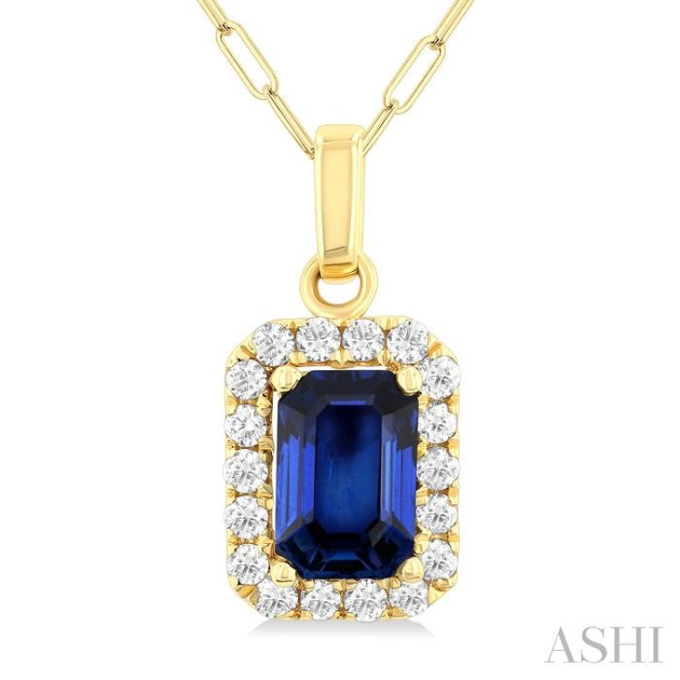 6x4 MM Octagonal Shape Sapphire and 1/6 Ctw Round Cut Diamond Halo Precious Pendant with Chain in 10K Yellow Gold