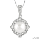 7 MM Cultured Pearl and 1/5 Ctw Round Cut Diamond Halo Pendant With Chain in 10K White Gold