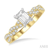 7/8 Ctw Twisted Shank Round Cut Diamond Engagement Ring With 1/2 Ct Emerald Cut Center Stone in 14K Yellow and White Gold