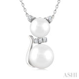 6&7 MM Cultured Pearl and 1/20 Ctw Round Cut Diamond Cat Shape Petite Fashion Pendant With Chain in 10K White Gold
