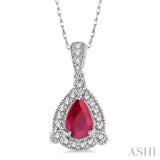 6x4 MM Pear Shape Ruby and 1/10 Ctw Round Cut Diamond Pendant in 14K White Gold with Chain