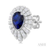 5X3 MM Pear Cut Sapphire and 1/3 Ctw Starburst Round Cut Diamond Precious Stud Earrings in 14K White Gold