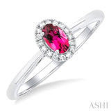 5x3 MM Oval Shape Pink Tourmaline and 1/20 Ctw Single Cut Diamond Halo Semi-Precious Ring in 14K White Gold