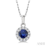 3.25 MM Round Sapphire and 1/20 Ctw Round Cut Diamond Halo Precious Pendant with Chain in 10K White Gold