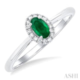 5x3 MM Oval Shape Emerald and 1/20 Ctw Single Cut Diamond Halo Precious Ring in 14K White Gold