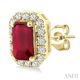 5x3 MM Octagonal Shape Ruby and 1/8 Ctw Round Cut Diamond Halo Precious Stud Earrings in 10K Yellow Gold