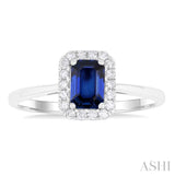 6x4 MM Octagonal Shape Sapphire and 1/6 Ctw Round Cut Diamond Halo Precious Ring in 14K White Gold