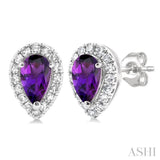 5x3 MM Pear Shape Amethyst and 1/8 Ctw Round Cut Diamond Halo Semi-Precious Stud Earrings in 10K White Gold