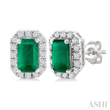 5x3 MM Octagonal Shape Emerald and 1/8 Ctw Round Cut Diamond Halo Precious Stud Earrings in 10K White Gold