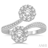 1 Ctw Branched Out Floral Mount Round Cut Diamond 2Stone Ring in 14K White Gold