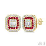 1/3 Ctw Octagonal Shape 1.25MM Round Cut Ruby, Baguette and Round Cut Diamond Fusion Precious Stud Earrings in 14K Yellow Gold