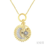 1/20 Ctw Fluted Medallion Crescent Moon & Star Charm Round Cut Diamond Pirouette Fashion Pendant With Chain in 10K Yellow and White Gold
