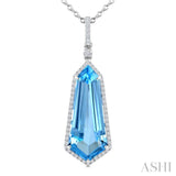 22X9 MM Evoque Gemstones Shield Shape Blue Topaz and 1/4 Ctw Round Cut Diamond Semi-Precious Pendant With Chain in 14K White Gold