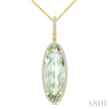 22X8 MM Evoque Gemstone Oval Shape Green Amethyst and 1/4 Ctw Round Cut Diamond Semi-Precious Pendant With Chain in 14K Yellow Gold