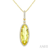 16X6 MM Evoque Gemstones Oval Shape Lemon Quartz and 1/5 Ctw Round Cut Diamond Semi-Precious Pendant With Chain in 10K Yellow Gold