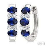 4X3 Oval Shape sapphire and 1/4 Ctw Round Cut Diamond Precious Hoop Earrings in 10K White Gold