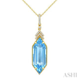 22X8 MM Evoque Gemstones Hexagon Shape Blue Topaz and 1/10 Ctw Round Cut Diamond Semi-Precious Pendant With Chain in 14K Yellow Gold