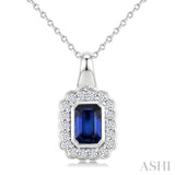 6X4 MM Octagon Shape Sapphire and 1/5 Ctw Round Cut Diamond Bold Precious Pendant With Chain in 10K White Gold