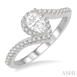 1/2 ctw Embraced Pear Shape Diamond Ladies Engagement Ring with 1/3 Ct Pear Cut Center Stone in 14K White Gold