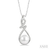 7 MM Round Shape Cultured Pearl and 1/10 Ctw Swirl Top Round Cut Diamond Fashion Pendant With Chain in 10K White Gold
