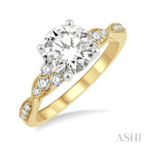 1/4 Ctw Carved Shank Round Cut Diamond Semi Mount Engagement Ring in 14K Yellow and White Gold