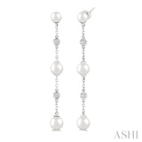 4 MM, 5 MM & 6 MM Round Shape Cultured Pearls and 1/10 Ctw Round Cut Diamond Station Long Earrings in 14K White Gold