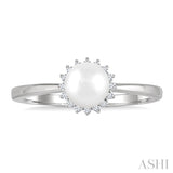 6 MM Round Shape Cultured Pearl and 1/10 Ctw Petite Round Cut Diamond Floral Halo Fashion Ring in 10K White Gold