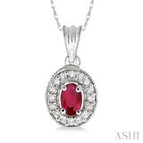 6x4mm Oval Cut Ruby and 1/5 Ctw Round Cut Diamond Pendant in 14K White Gold with Chain