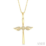 1/10 Ctw Angel Wing Round Cut Diamond Cross Pendant With Chain in 10K Yellow Gold