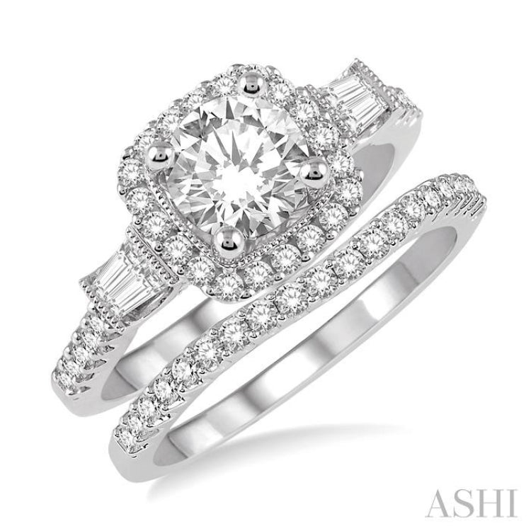 1 1/3 Ctw Diamond Wedding Set with 1 1/10 Ctw Round Cut Engagement Ring and  1/5 Ctw Wedding Band in 14K White Gold