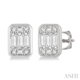 1/2 Ctw Octagonal Shape Baguette and Round Cut Diamond Bezel Stud Earrings in 14K White Gold